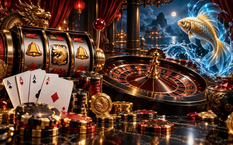 Catálogo visual de tragamonedas, ruleta, cartas y pesca