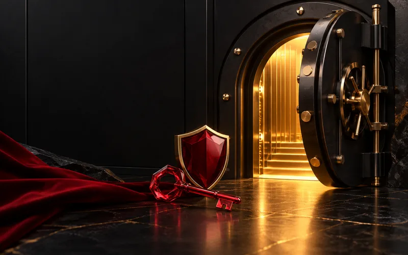 Acceso seguro con llave y escudo en tonos rojos